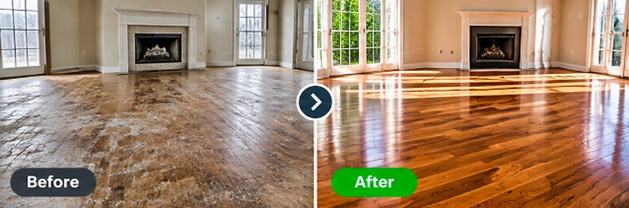 Before and after: Living Room Floor Restoration by VIP Wood Flooring Los Angeles