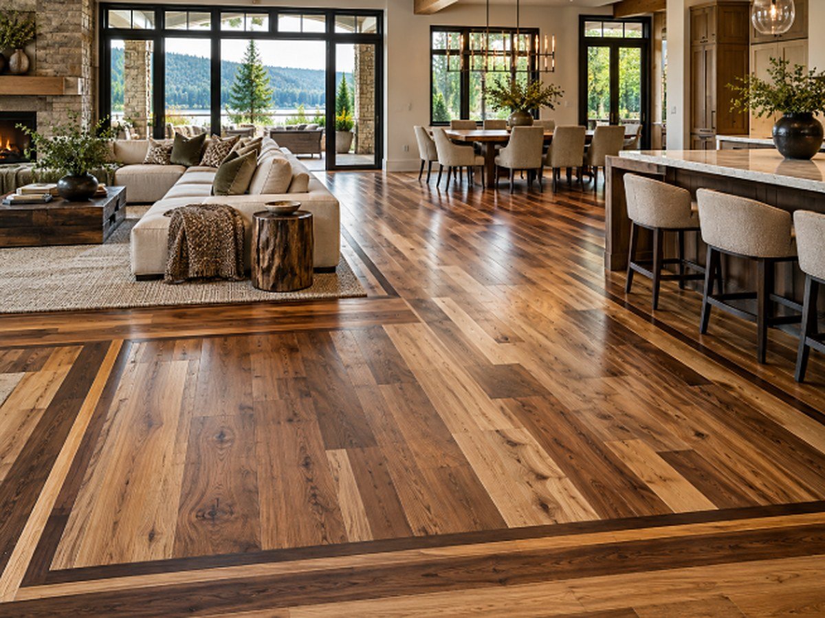 Open-plan home with custom hardwood borders defining the kitchen and living areas
