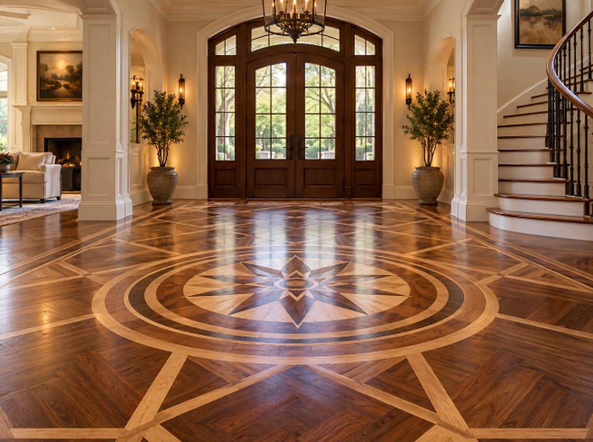 Grand entryway with a compass star hardwood medallion and contrasting wood inlays