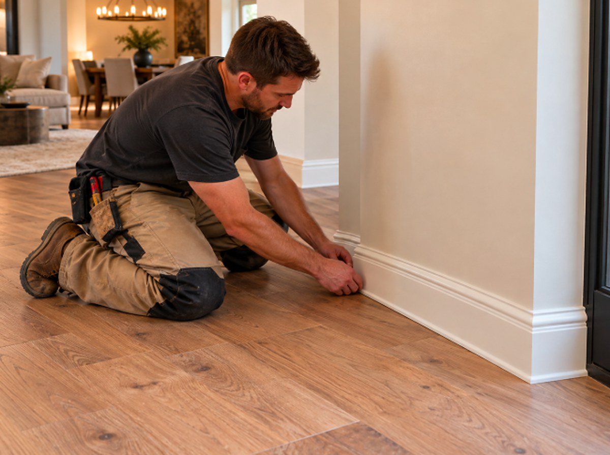 Installer finishing baseboard trim around new engineered wood flooring