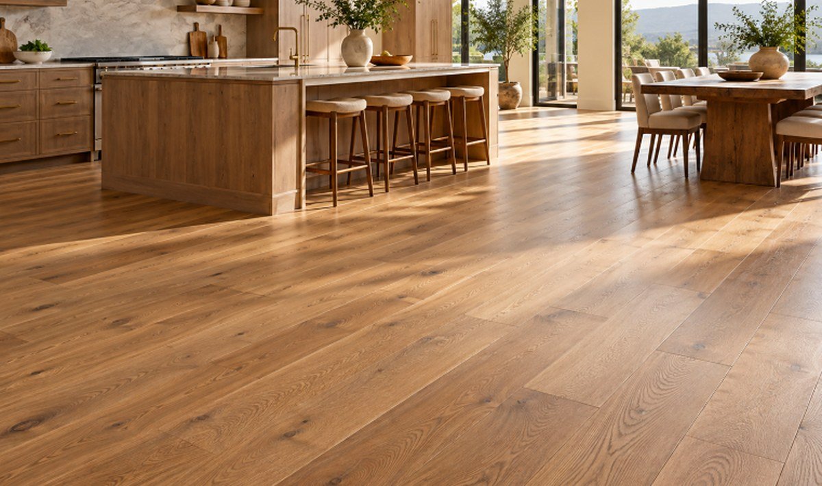 Open kitchen with wide plank oak flooring in a natural matte finish