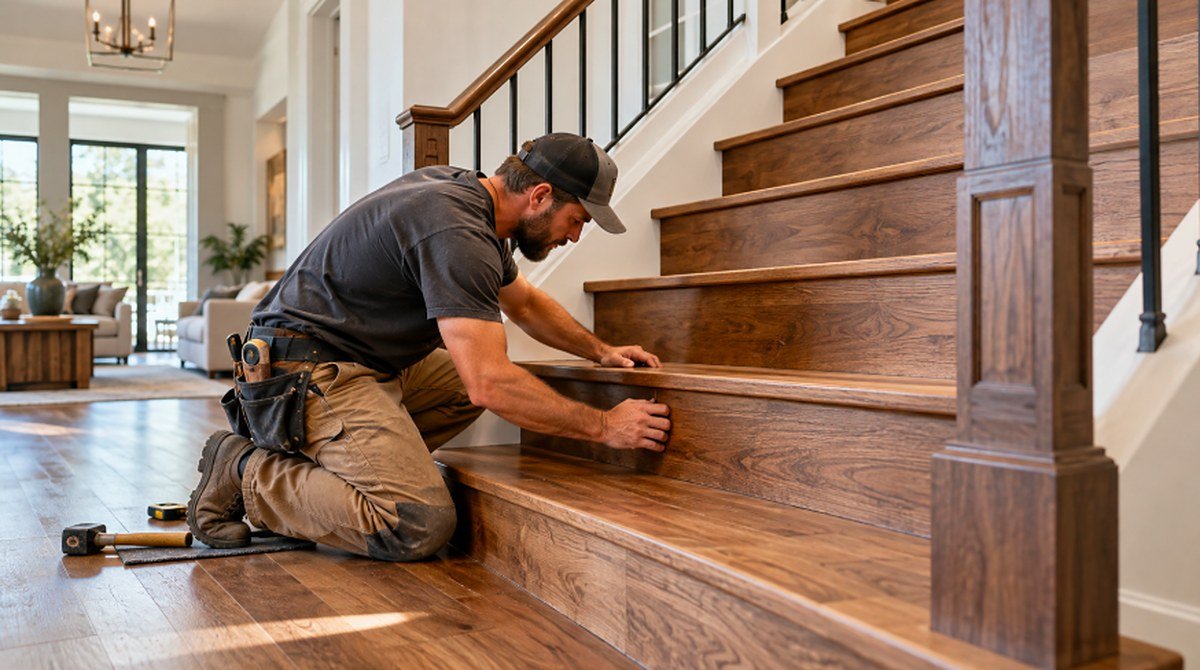 VIP Wood Flooring installer fitting hardwood stair treads in a Los Angeles home
