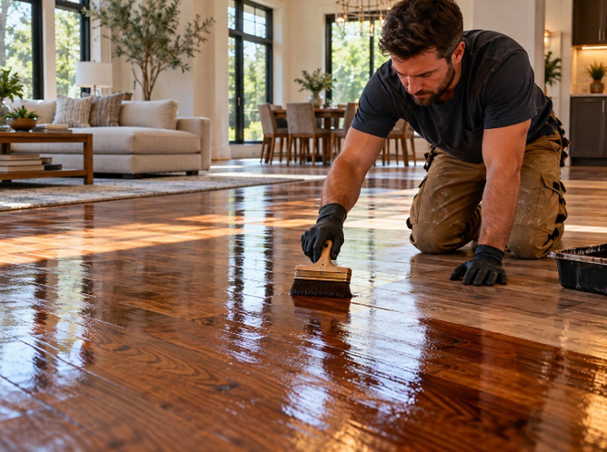 Applying a protective finish coat to a newly stained hardwood floor