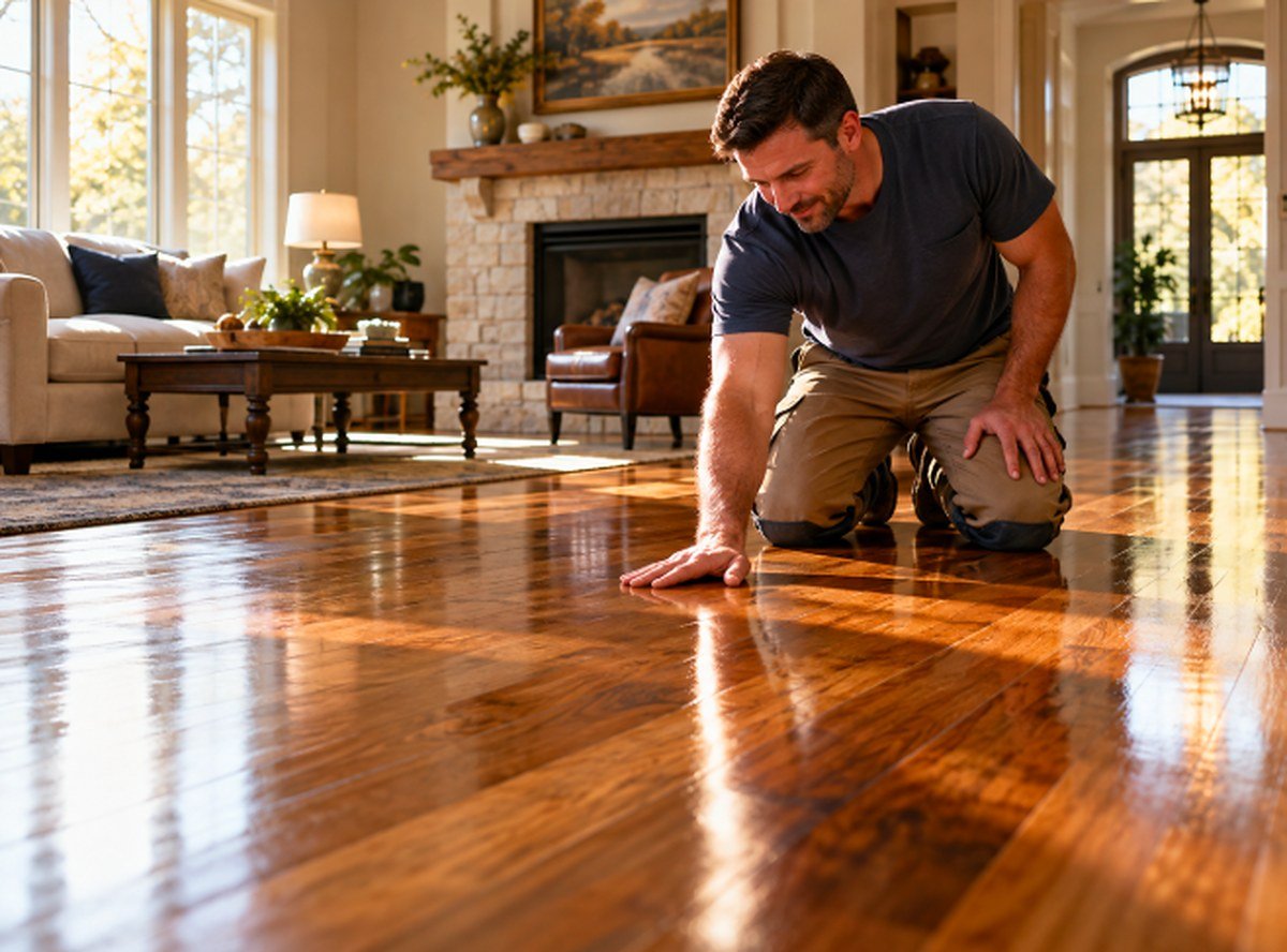 Freshly refinished glossy hardwood floor in a Los Angeles living room