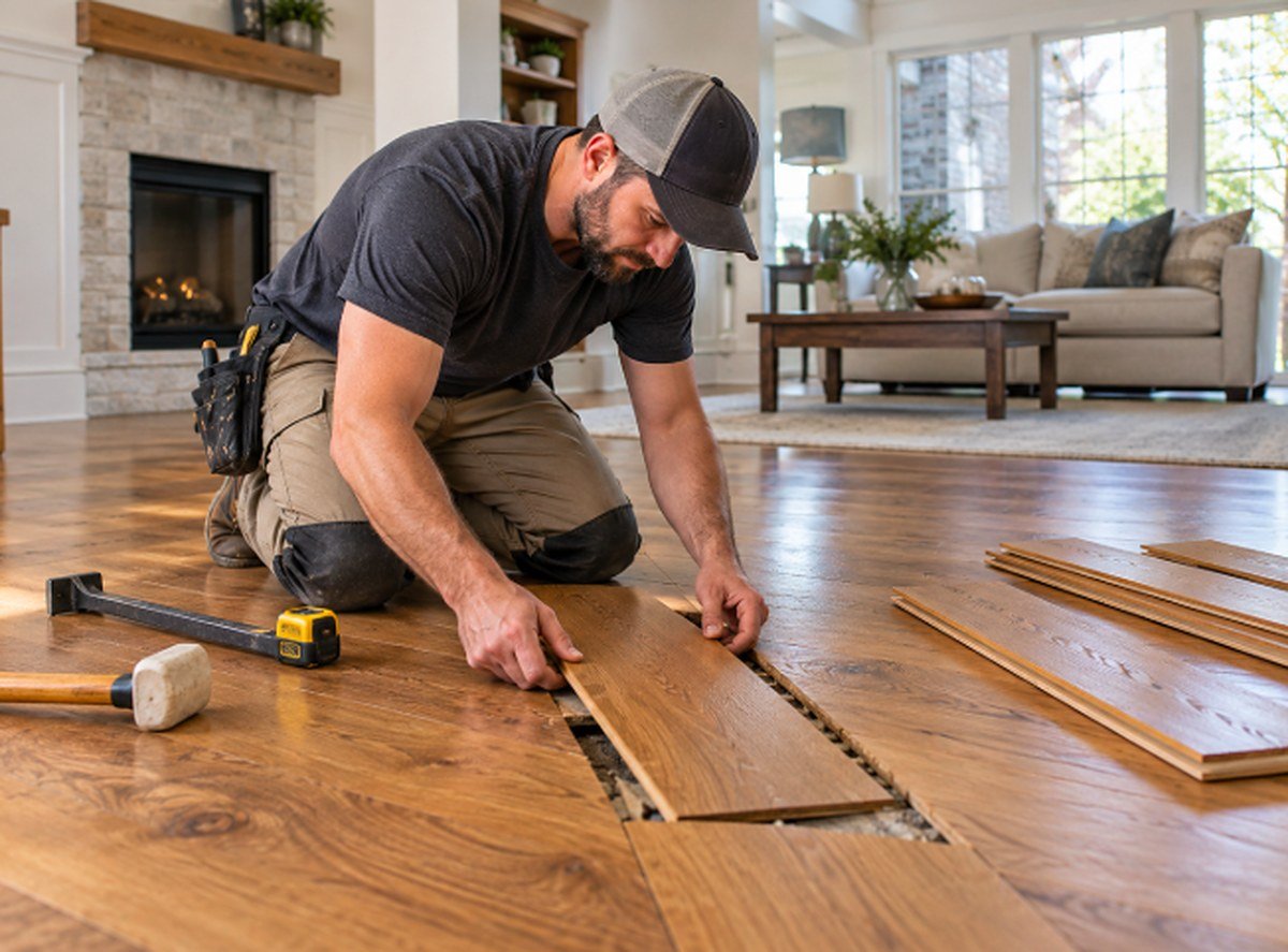 Installer fitting a replacement board into a hardwood floor repair