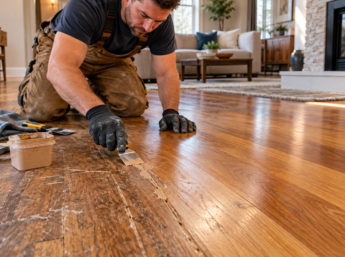 Repair technician filling gaps and cracks between hardwood boards