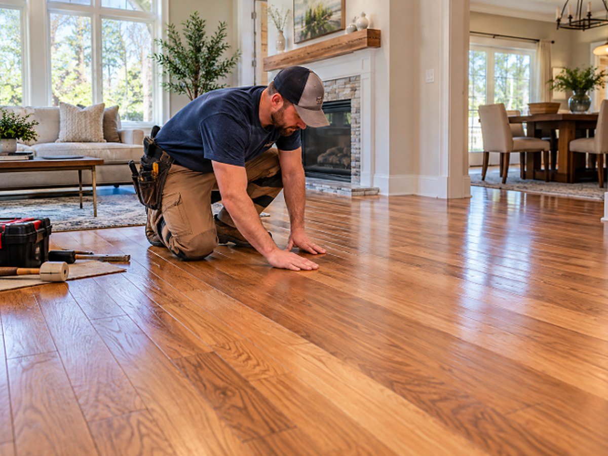 Installer checking a newly replaced hardwood floor in a Los Angeles living room