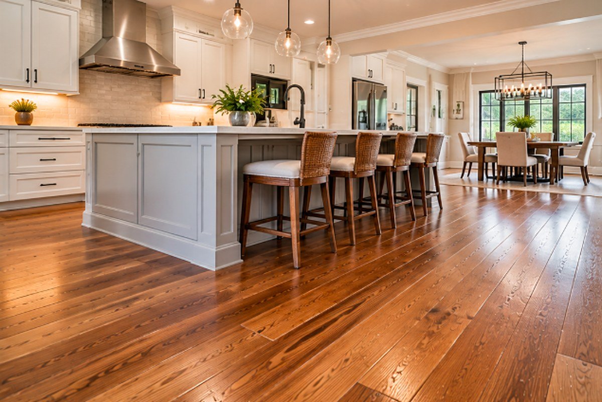 Open kitchen and dining area with warm wide plank hardwood flooring