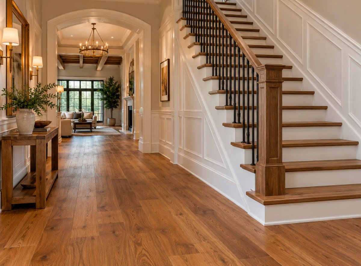 Entry hallway with oak hardwood flooring and matching hardwood stair treads