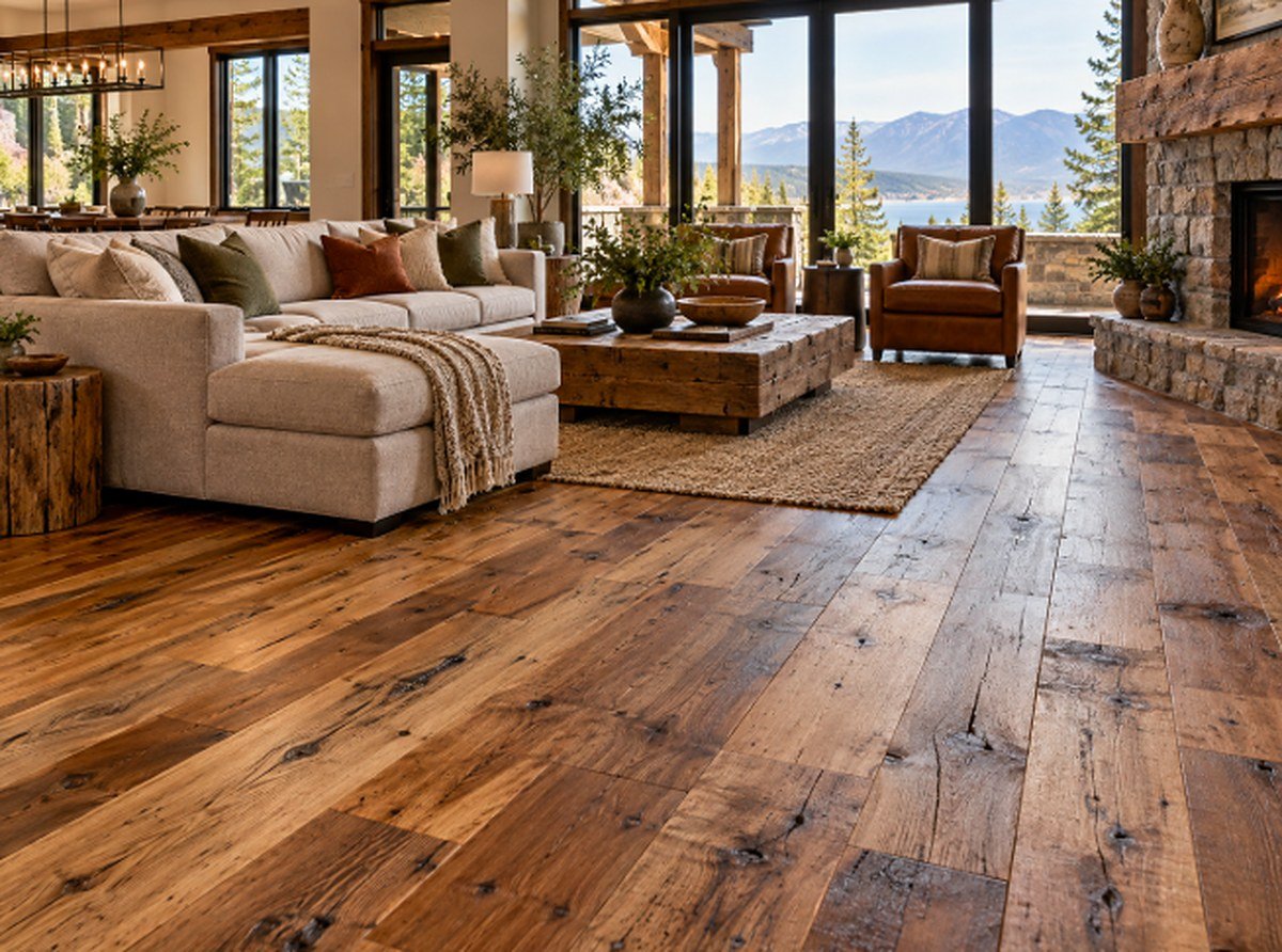 Living room with wide plank reclaimed wood flooring showing knots, nail holes, and aged patina