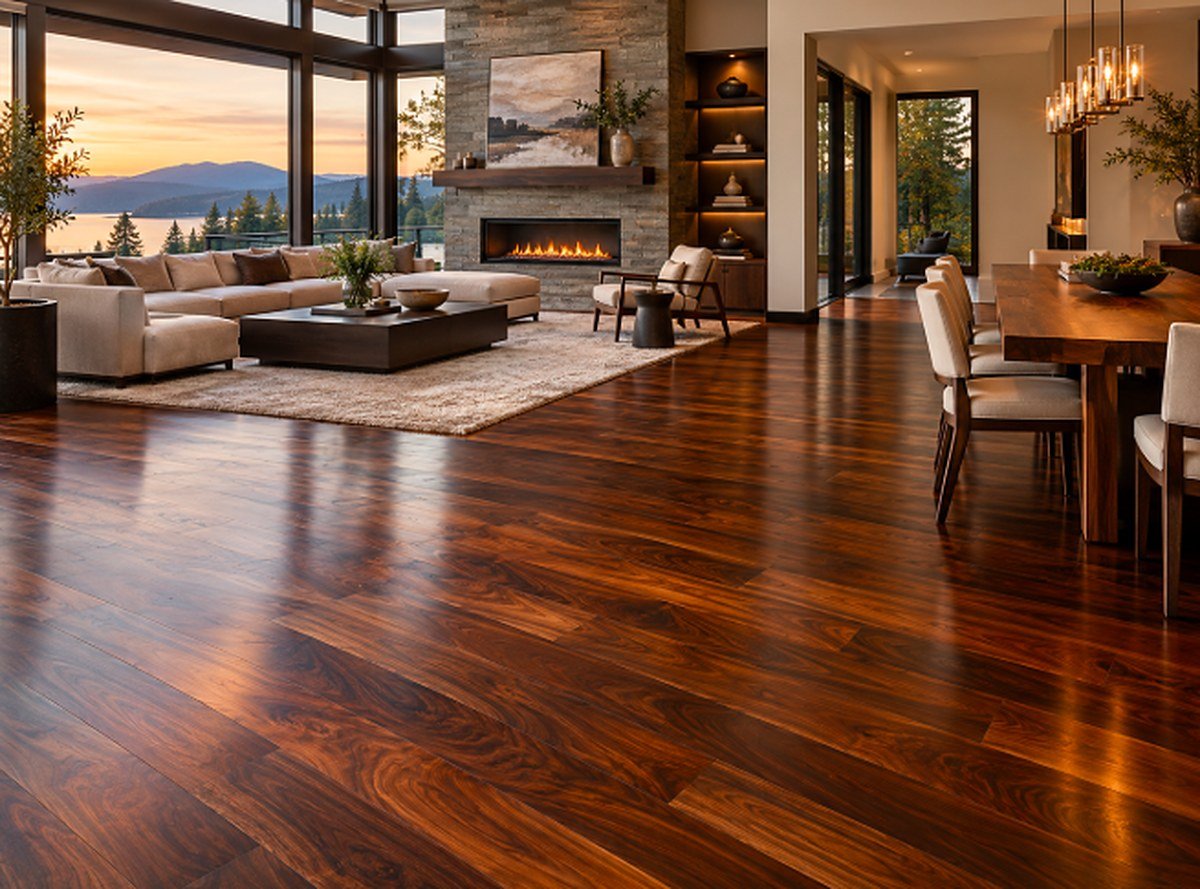Open living and dining space with premium wide plank walnut flooring