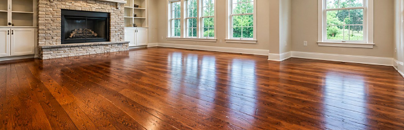 Living room with rich stained hardwood floors and a stone fireplace