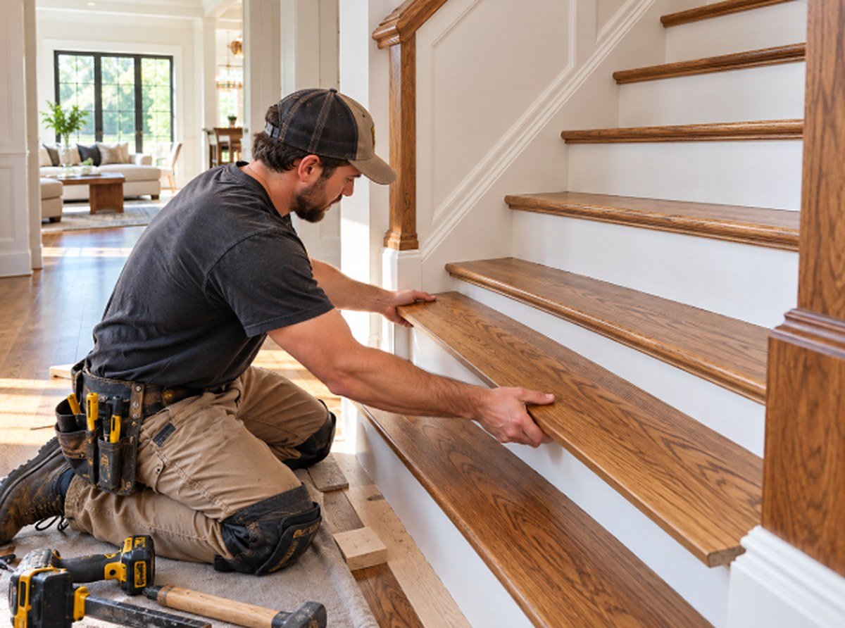 Installer fitting a new oak hardwood stair tread above white risers