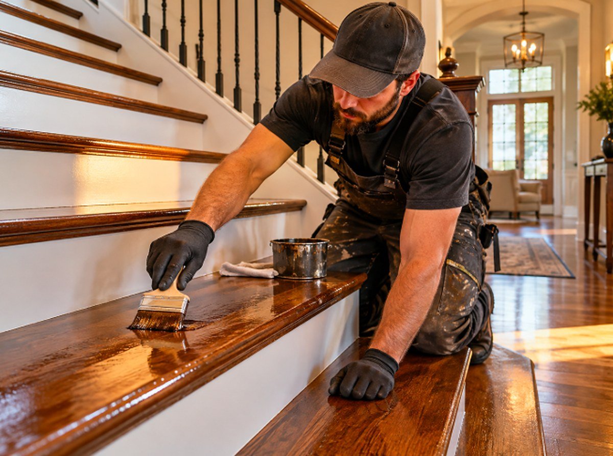 Craftsman applying stain and finish to hardwood stair treads