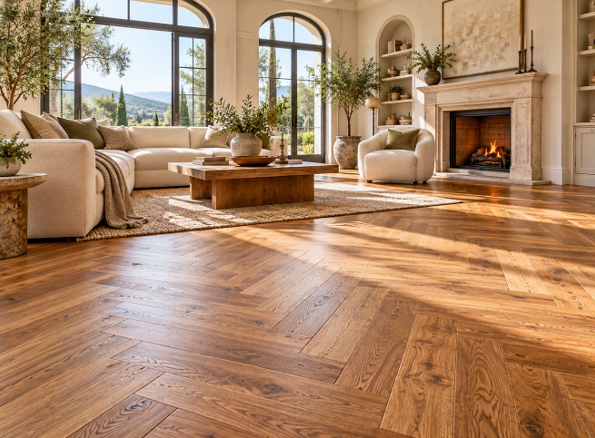 Living room with warm oak herringbone hardwood flooring and arched windows