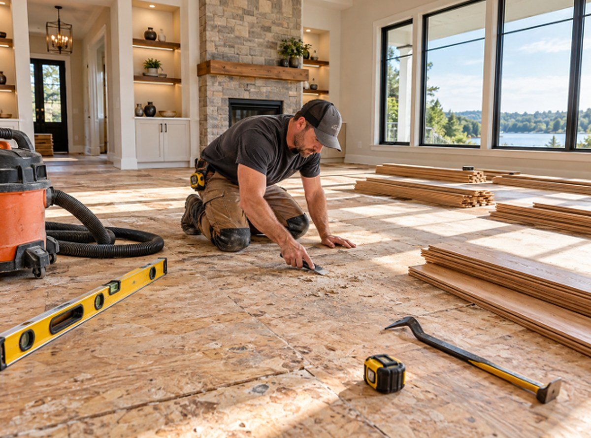 Flooring specialist inspecting and preparing a plywood subfloor before hardwood installation