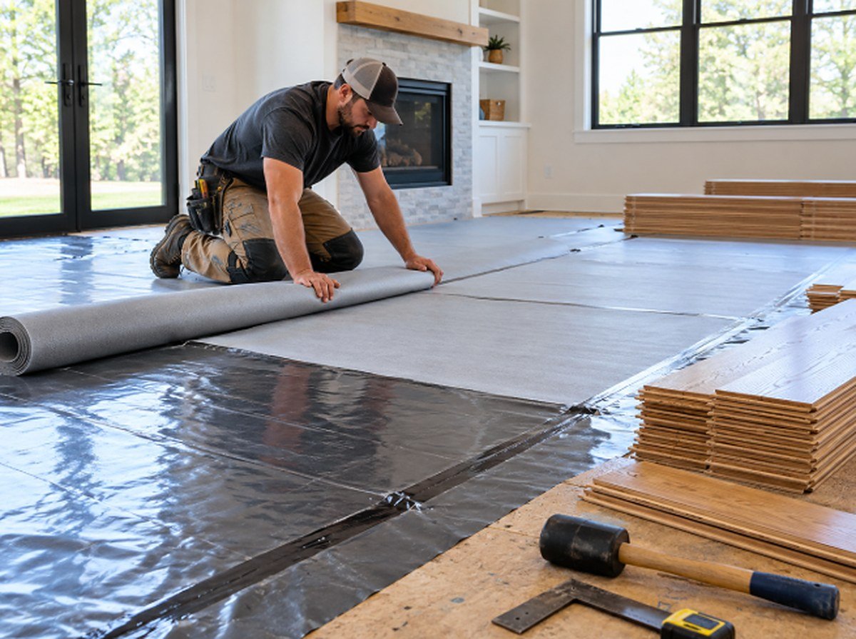 Installer rolling out underlayment over a vapor barrier before engineered wood installation