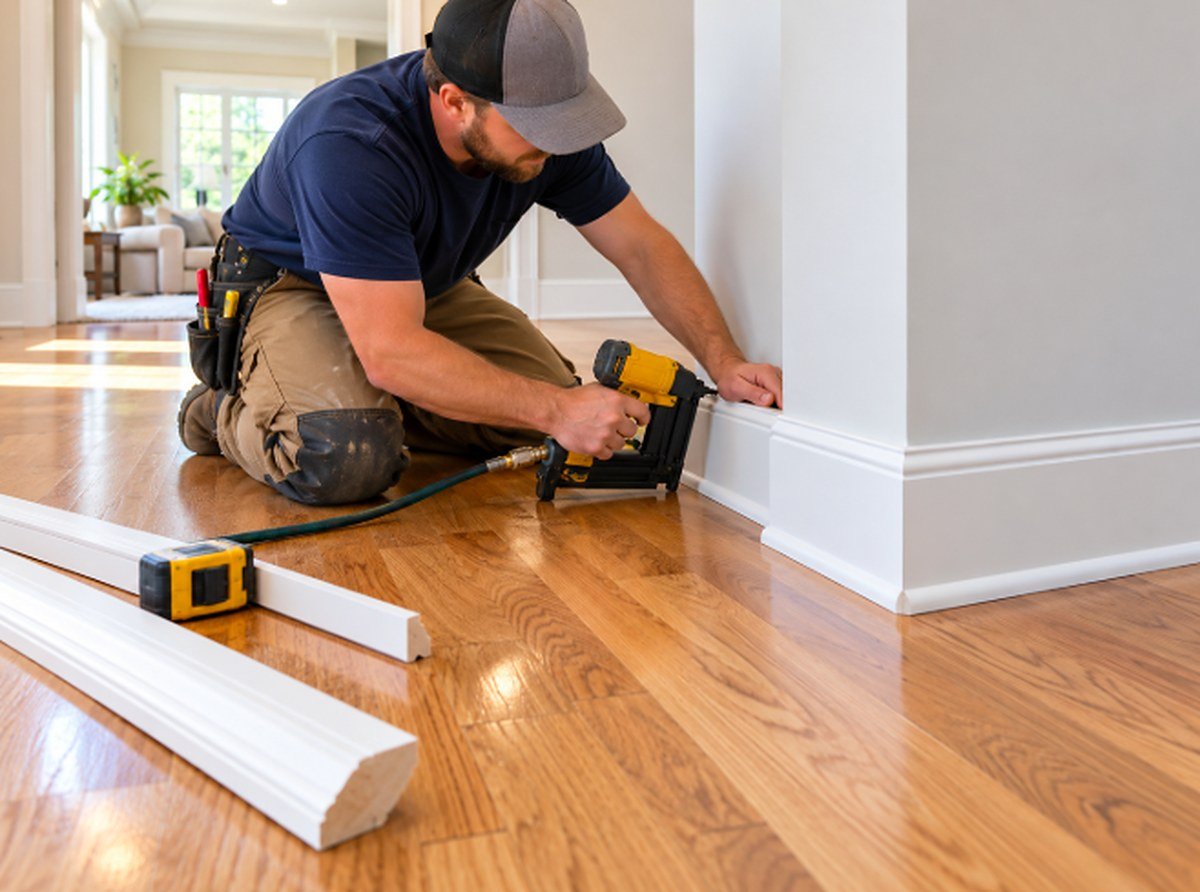 Carpenter nailing new white baseboard trim above hardwood flooring